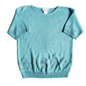 90s Knit Pointelle Sweater Short Sleeve Womens S Blue Shirt Coquette Made in USA